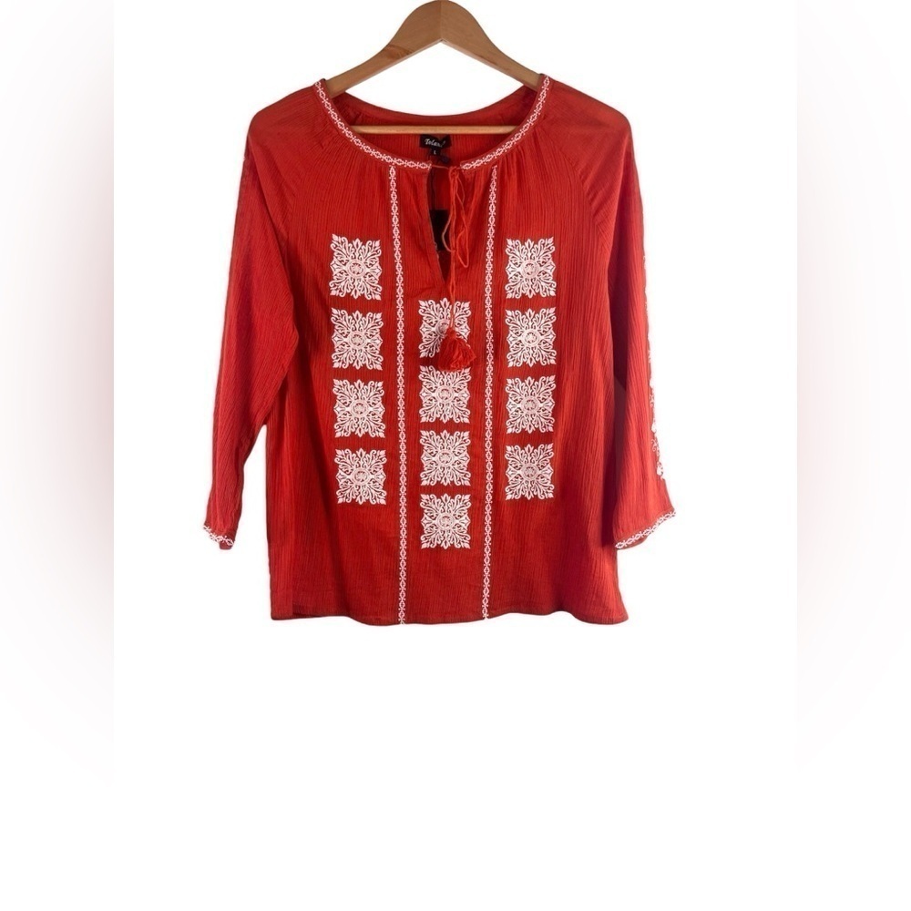 NWT Tolani Orange Cotton Embroidered Tassel Blouse Size Large